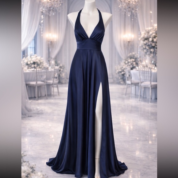 NWT Navy Blue Satin Maxi Dress Open Back Spaghetti Strap Sleeveless 12 - Picture 2 of 8